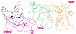 Size: 1024x458 | Tagged: safe, artist:vanillaswirl6, derpibooru import, pony, :<, :p, annoyed, cheek fluff, chest fluff, chibi, commission, cute, drool, ear fluff, eyes closed, fluffy, hoof fluff, lineart, looking at each other, one eye closed, open mouth, prone, quartet, raised hoof, sharp teeth, signature, simple background, sitting, teeth, tired, tongue out, white background, wink, yawn, your character here