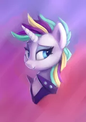 Size: 1862x2621 | Tagged: safe, artist:lilfunkman, derpibooru import, rarity, pony, unicorn, it isn't the mane thing about you, abstract background, alternate hairstyle, bust, clothes, eyeshadow, female, makeup, mare, portrait, punk, raripunk, short hair, smiling, solo