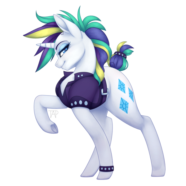 Size: 1024x1024 | Tagged: safe, artist:theanthropony, derpibooru import, rarity, pony, unicorn, it isn't the mane thing about you, alternate hairstyle, clothes, eyeshadow, female, looking at you, makeup, mare, punk, raised hoof, raripunk, short hair, simple background, smiling, solo, transparent background