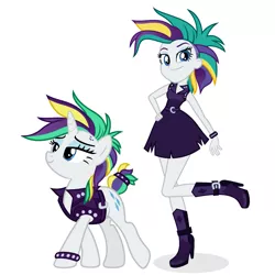 Size: 1475x1475 | Tagged: safe, artist:punzil504, artist:remcmaximus, derpibooru import, rarity, pony, unicorn, equestria girls, it isn't the mane thing about you, alternate hairstyle, boots, clothes, dress, equestria girls interpretation, female, high heel boots, jacket, mare, miniskirt, punk, raripunk, scene interpretation, self ponidox, shoes, skirt