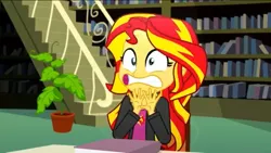 Size: 1136x640 | Tagged: safe, derpibooru import, screencap, sunset shimmer, epic fails (equestria girls), eqg summertime shorts, equestria girls, book, library, plant, scared, stairs, teeth