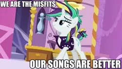 Size: 958x540 | Tagged: safe, derpibooru import, edit, edited screencap, screencap, rarity, pony, unicorn, it isn't the mane thing about you, alternate hairstyle, caption, female, image macro, jem, jem and the holograms, mare, meme, punk, raripunk, solo, text, the misfits