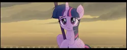 Size: 1342x532 | Tagged: safe, derpibooru import, screencap, twilight sparkle, twilight sparkle (alicorn), alicorn, pony, my little pony: the movie, bipedal, cute, female, lidded eyes, mare, open mouth, rainbow (song), smiling, solo, staff, staff of sacanas