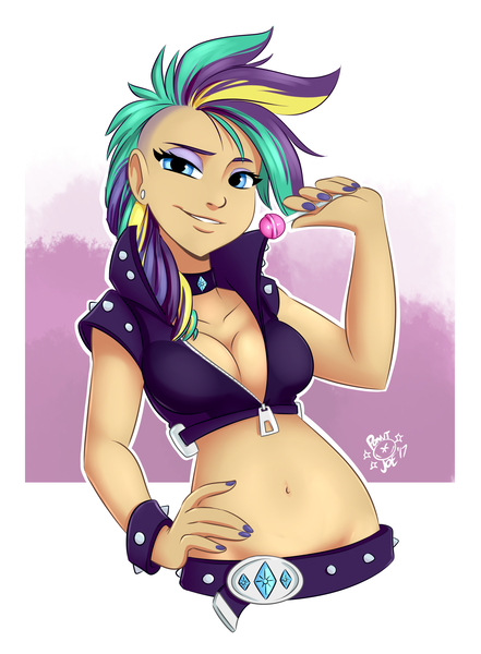 Size: 1728x2352 | Tagged: alternate hairstyle, artist:ponut_joe, belly button, belt, bracelet, breasts, busty rarity, candy, choker, cleavage, derpibooru import, eyeshadow, female, food, grin, hand on hip, human, humanized, it isn't the mane thing about you, lidded eyes, lollipop, looking at you, makeup, midriff, nail polish, punk, raised eyebrow, raripunk, rarity, smiling, smirk, solo, solo female, spiked wristband, suggestive, undercut, wristband, zipper