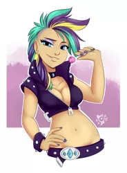 Size: 1728x2352 | Tagged: alternate hairstyle, artist:ponut_joe, belly button, belt, bracelet, breasts, busty rarity, candy, choker, cleavage, derpibooru import, eyeshadow, female, food, grin, hand on hip, human, humanized, it isn't the mane thing about you, lidded eyes, lollipop, looking at you, makeup, midriff, nail polish, punk, raised eyebrow, raripunk, rarity, smiling, smirk, solo, solo female, spiked wristband, suggestive, undercut, wristband, zipper