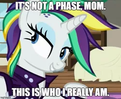 Size: 606x499 | Tagged: safe, derpibooru import, edit, edited screencap, screencap, rarity, pony, unicorn, it isn't the mane thing about you, alternate hairstyle, caption, female, image macro, looking at something, mare, meme, mohawk, punk, raripunk, solo, text