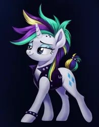 Size: 1101x1413 | Tagged: safe, artist:taneysha, derpibooru import, rarity, pony, unicorn, it isn't the mane thing about you, alternate hairstyle, belt, clothes, female, jacket, leather jacket, lidded eyes, mare, mohawk, punk, raripunk, smiling, solo