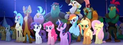 Size: 1920x704 | Tagged: safe, derpibooru import, screencap, applejack, boyle, cantaloupe (character), capper dapperpaws, captain celaeno, fluttershy, lix spittle, mullet (character), murdock, pinkie pie, princess skystar, rainbow dash, rarity, twilight sparkle, twilight sparkle (alicorn), unnamed character, unnamed pony, abyssinian, alicorn, anthro, classical hippogriff, earth pony, hippogriff, parrot pirates, pegasus, pony, unicorn, my little pony: the movie, anthro with ponies, background pony, background pony audience, female, happy, male, mane six, mare, pirate, rainbow (song), stallion