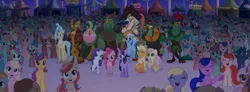 Size: 1920x704 | Tagged: safe, derpibooru import, screencap, applejack, boyle, capper dapperpaws, captain celaeno, dawn sunrays, fluttershy, lix spittle, mullet (character), murdock, pinkie pie, princess skystar, rainbow dash, rarity, twilight sparkle, twilight sparkle (alicorn), unnamed character, unnamed pony, abyssinian, alicorn, anthro, classical hippogriff, earth pony, hippogriff, parrot pirates, pegasus, pony, unicorn, my little pony: the movie, anthro with ponies, background pony, background pony audience, crowd, female, happy, male, mane six, mare, pirate, rainbow (song), stallion