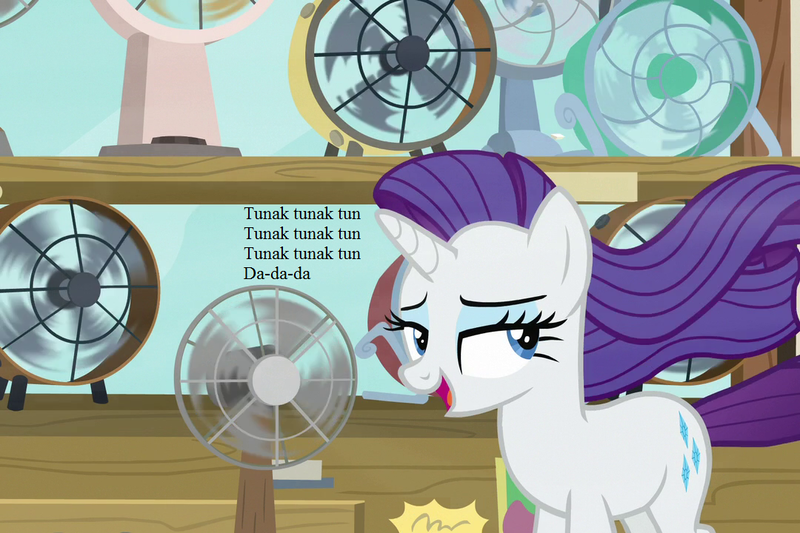 Size: 1080x720 | Tagged: safe, derpibooru import, edit, edited screencap, screencap, rarity, pony, unicorn, it isn't the mane thing about you, cropped, daler mehndi, fans, female, lyrics, mare, music video reference, punjabi, solo, song reference, text, tunak tunak tun, windswept mane