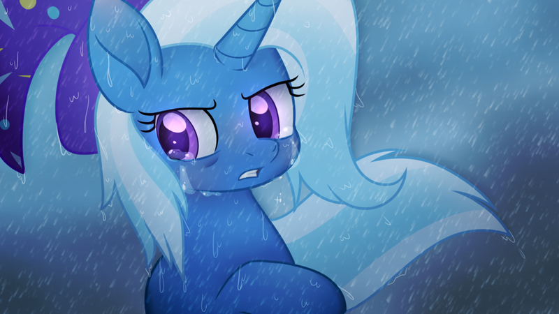 Size: 1024x576 | Tagged: 16:9, artist:prince-lionel, clothes, crying, derpibooru import, female, hat, movie accurate, rain, raised hoof, sad, safe, solo, trixie, trixie's hat, wallpaper