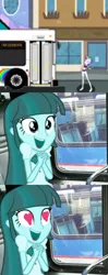 Size: 430x1091 | Tagged: safe, derpibooru import, rarity, oc, oc:peppermint freshener, equestria girls, equestria girls (movie), it isn't the mane thing about you, alternate hairstyle, big mint (bus), bus, clothes, comic, equestria girls-ified, implied lesbian, new flyer c40lf, punk, raripunk, recolor, swimsuit