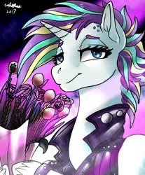 Size: 1080x1306 | Tagged: safe, artist:brainiac, derpibooru import, rarity, pony, unicorn, it isn't the mane thing about you, alternate hairstyle, bouquet, bracelet, clothes, female, flower, jewelry, mare, punk, punk rock, raripunk, solo
