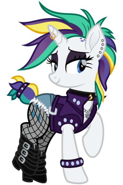 Size: 2000x3000 | Tagged: safe, artist:cheezedoodle96, derpibooru import, rarity, pony, unicorn, it isn't the mane thing about you, .svg available, alternate hairstyle, belt, boots, bracelet, buckle, choker, clothes, denim shorts, ear piercing, earring, eyeshadow, female, fishnets, horn, horn piercing, horn ring, jacket, jewelry, lidded eyes, lock, makeup, mare, mohawk, necklace, padlock, pantyhose, piercing, punk, raised hoof, raised leg, raripunk, ring, see-through, shoes, shorts, simple background, socks, solo, spade, stockings, svg, thigh highs, torn clothes, transparent background, vector