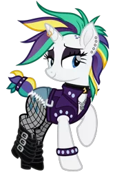 Size: 2000x3000 | Tagged: safe, artist:cheezedoodle96, derpibooru import, rarity, pony, unicorn, it isn't the mane thing about you, .svg available, alternate hairstyle, belt, boots, bracelet, buckle, choker, clothes, denim shorts, ear piercing, earring, eyeshadow, female, fishnets, horn, horn piercing, horn ring, jacket, jewelry, lidded eyes, lock, makeup, mare, mohawk, necklace, padlock, pantyhose, piercing, punk, raised hoof, raised leg, raripunk, ring, see-through, shoes, shorts, simple background, socks, solo, spade, stockings, svg, thigh highs, torn clothes, transparent background, vector