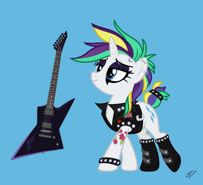 Size: 1187x1081 | Tagged: safe, artist:zehfox, derpibooru import, rarity, pony, unicorn, it isn't the mane thing about you, alternate hairstyle, blue background, crossing the memes, electric guitar, eyeliner, female, guitar, guitarity, makeup, mare, mascara, meme, musical instrument, punk, raripunk, simple background, solo, tattoo