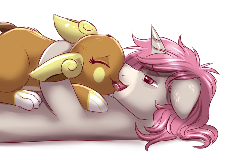 Size: 1219x829 | Tagged: suggestive, artist:confetticakez, derpibooru import, oc, oc:intrepid charm, pony, unicorn, alolan raichu, cuddling, female, french kiss, interspecies, kissing, male, pokémon, pony on pokémon action, stallion, straight