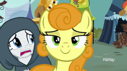 Size: 1000x562 | Tagged: safe, derpibooru import, screencap, carrot top, golden harvest, rarity, earth pony, pony, unicorn, it isn't the mane thing about you, animated, background pony, blinking, c:, cloak, clothes, duo, female, frown, gif, hood, lidded eyes, looking at you, mare, market, marketplace, marshmelodrama, open mouth, rarity being rarity, smiling, talking, uvula, wide eyes, worried