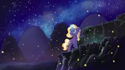 Size: 3840x2160 | Tagged: safe, artist:pencils, derpibooru import, oc, unofficial characters only, firefly (insect), insect, pony, unicorn, braid, female, glowing horn, horn, looking up, mare, mountain, night, raised hoof, solo, starry night, stars