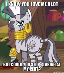 Size: 600x689 | Tagged: butt, caption, derpibooru import, edit, edited screencap, frown, glare, image macro, it isn't the mane thing about you, looking at you, looking back, meme, plot, raised hoof, rhyme, safe, screencap, solo, text, unamused, underhoof, zebra, zecora