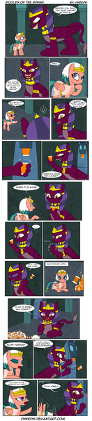 Size: 1000x4542 | Tagged: artist:pheeph, comedic faint, comic, cup, daring done?, derpibooru import, egyptian, female, mare, parody, pegasus, riddles, safe, somnambula, sphinx, sphinx (character), sphinxdorable, statue, temple, the critic