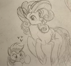 Size: 3106x2882 | Tagged: safe, artist:cocouri, derpibooru import, pinkie pie, rainbow dash, pony, it isn't the mane thing about you, blushing, female, heart, lesbian, monochrome, pinkiedash, poofy pie, shipping, sketch, tongue out, traditional art