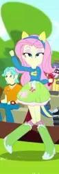 Size: 249x720 | Tagged: safe, derpibooru import, screencap, brawly beats, fluttershy, microchips, eqg summertime shorts, equestria girls, steps of pep, background human, cheering, club can't handle me, cropped