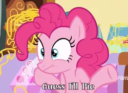 Size: 1479x1080 | Tagged: safe, derpibooru import, edit, edited screencap, screencap, pinkie pie, earth pony, pony, it isn't the mane thing about you, :t, caption, discovery family logo, female, guess i'll die, image macro, mare, meme, pun, shrug, silly string, solo, text