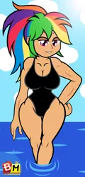 Size: 922x1920 | Tagged: alternate hairstyle, artist:mrmaclicious, bedroom eyes, big breasts, breasts, burstfire's birthday, busty rainbow dash, cleavage, clothes, derpibooru import, female, human, humanized, looking at you, muscles, ocean, one-piece swimsuit, ponytail, rainbow dash, solo, solo female, suggestive, swimsuit, thighs, thunder thighs, wide hips