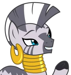 Size: 2803x2928 | Tagged: artist:sketchmcreations, derpibooru import, ear piercing, earring, female, it isn't the mane thing about you, jewelry, neck rings, piercing, quadrupedal, raised hoof, safe, simple background, smiling, transparent background, vector, zebra, zecora