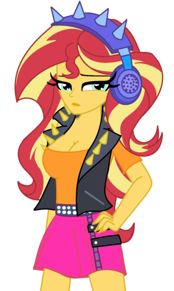 Size: 800x1335 | Tagged: suggestive, artist:cbear624, derpibooru import, sunset shimmer, equestria girls, equestria girls series, overpowered (equestria girls), breasts, busty sunset shimmer, cleavage, clothes, female, hand on hip, headphones, looking at you, sad, sexy, solo, solo female, stupid sexy sunset shimmer