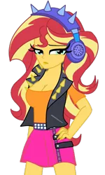 Size: 800x1335 | Tagged: suggestive, artist:cbear624, derpibooru import, sunset shimmer, equestria girls, equestria girls series, overpowered (equestria girls), breasts, busty sunset shimmer, cleavage, clothes, female, hand on hip, headphones, looking at you, sad, sexy, solo, solo female, stupid sexy sunset shimmer