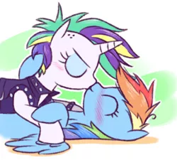 Size: 475x428 | Tagged: safe, artist:raridashdoodles, derpibooru import, rainbow dash, rarity, pegasus, pony, unicorn, it isn't the mane thing about you, alternate hairstyle, blushing, clothes, female, jacket, kissing, leather jacket, lesbian, mare, punk, raridash, raripunk, shipping, short hair, simple background, smiling