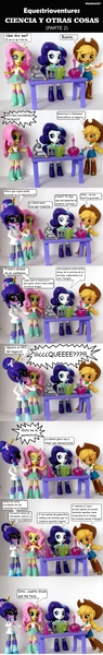 Size: 828x5250 | Tagged: safe, artist:whatthehell!?, derpibooru import, edit, applejack, fluttershy, rarity, sci-twi, twilight sparkle, equestria girls, boots, clothes, coat, doll, drugs, equestria girls minis, eqventures of the minis, flask, funny, hat, irl, laboratory, merchandise, microscope, parody, pencil, photo, shoes, skirt, spanish, table, test tube, toy