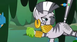 Size: 1366x748 | Tagged: safe, derpibooru import, screencap, zecora, pony, zebra, a health of information, carousel (tv channel), criss cross moss, ear piercing, earring, faic, jewelry, lip bite, looking at you, muck, not what it looks like, out of context, piercing, pouting, raised tail, swamp, swamp fever plant, tail, tail pull