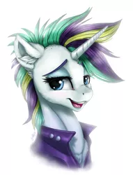 Size: 3513x4600 | Tagged: safe, artist:gaelledragons, derpibooru import, rarity, pony, unicorn, it isn't the mane thing about you, alternate hairstyle, bust, female, mare, open mouth, portrait, punk, raripunk, simple background, smiling, solo