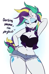 Size: 2804x4234 | Tagged: suggestive, artist:wickedsilly, derpibooru import, rarity, anthro, unicorn, it isn't the mane thing about you, alternate hairstyle, armpits, belly button, big breasts, both cutie marks, breasts, busty rarity, clothes, daisy dukes, female, mare, midriff, punk, raripunk, sexy, shorts, solo, solo female