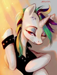 Size: 2105x2775 | Tagged: safe, artist:utauyan, derpibooru import, rarity, pony, unicorn, it isn't the mane thing about you, alternate hairstyle, clothes, female, mare, one eye closed, punk, raripunk, short hair, solo, wink