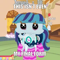 Size: 1000x1000 | Tagged: 3d, caption, clothes, derpibooru import, image macro, legends of equestria, meme, safe, socks, sonata dusk, striped socks, text, this isn't even my final form, wat