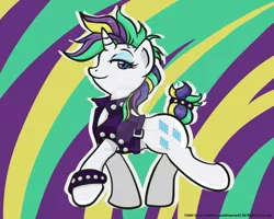 Size: 1024x819 | Tagged: safe, artist:yoshimarsart, derpibooru import, rarity, pony, unicorn, it isn't the mane thing about you, abstract background, alternate hairstyle, bracelet, female, mare, punk, raripunk, solo, spiked wristband, watermark, wristband