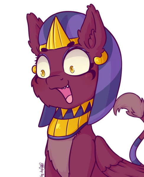 Size: 1040x1280 | Tagged: artist:dsp2003, behaving like a cat, bust, daring done?, derpibooru import, exploitable, female, open mouth, reaction image, safe, simple background, solo, sphinx, sphinx (character), sphinxdorable, transparent background, whoa