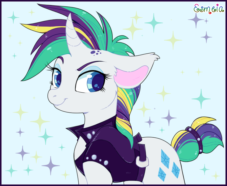 Size: 762x624 | Tagged: safe, artist:esmeia, derpibooru import, rarity, pony, unicorn, it isn't the mane thing about you, alternate hairstyle, clothes, curved horn, cute, female, horn, jacket, mare, punk, raribetes, raripunk, solo