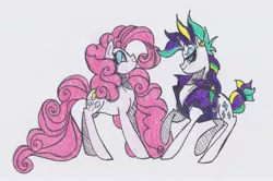 Size: 2537x1681 | Tagged: safe, artist:draw1709, derpibooru import, pinkie pie, rarity, pony, it isn't the mane thing about you, alternate hairstyle, punk, raripunk, traditional art