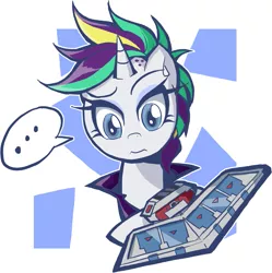 Size: 859x861 | Tagged: safe, artist:rvceric, derpibooru import, rarity, pony, it isn't the mane thing about you, ..., alternate hairstyle, clothes, crossover, duel disk, female, mare, punk, raripunk, short hair, simple background, solo, yu-gi-oh!