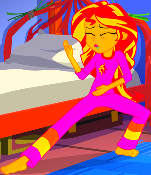 Size: 907x1055 | Tagged: safe, derpibooru import, screencap, sunset shimmer, equestria girls, legend of everfree, clothes, drool, feet, kung fu shimmer, legend of everfeet, pajamas, solo, sunset's sleepfighting