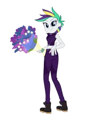 Size: 3500x4000 | Tagged: safe, artist:darthlena, derpibooru import, rarity, equestria girls, it isn't the mane thing about you, alternate hairstyle, boots, bouquet, clothes, equestria girls interpretation, female, flower, midriff, pants, punk, raripunk, scene interpretation, shoes, simple background, solo, transparent background