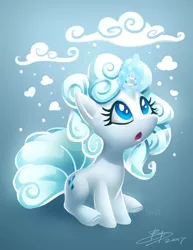 Size: 618x800 | Tagged: safe, artist:imdrunkontea, derpibooru import, rarity, pony, unicorn, vulpix, it isn't the mane thing about you, alola form, alolan vulpix, blue background, cloud mane, crossover, cute, gradient background, looking up, magic, open mouth, pokefied, pokémon, raribetes, signature, simple background, solo, species swap