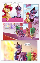 Size: 1253x1950 | Tagged: safe, artist:saturdaymorningproj, derpibooru import, sunset shimmer, twilight sparkle, twilight sparkle (alicorn), alicorn, pony, comic:a princess' worth, alicornified, alternate universe, castle, cloud, comic, crown, female, jewelry, mare, race swap, regalia, shimmercorn, sky, smiling, speech bubble