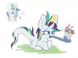 Size: 1600x1200 | Tagged: safe, artist:heir-of-rick, derpibooru import, rarity, monster pony, original species, tatzlpony, it isn't the mane thing about you, alternate hairstyle, bouquet, eating, eyes on the prize, flower, horses doing horse things, long tongue, punk, raripunk, solo, tatzlarity, tatzls doing tatzl things, tentacle tongue, tentacles, tongue out