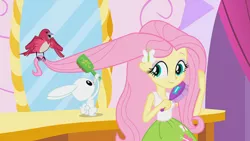 Size: 1920x1080 | Tagged: safe, derpibooru import, screencap, angel bunny, fluttershy, bird, rabbit, equestria girls, equestria girls (movie), animal, brush, brushing, looking back, mirror, songbird